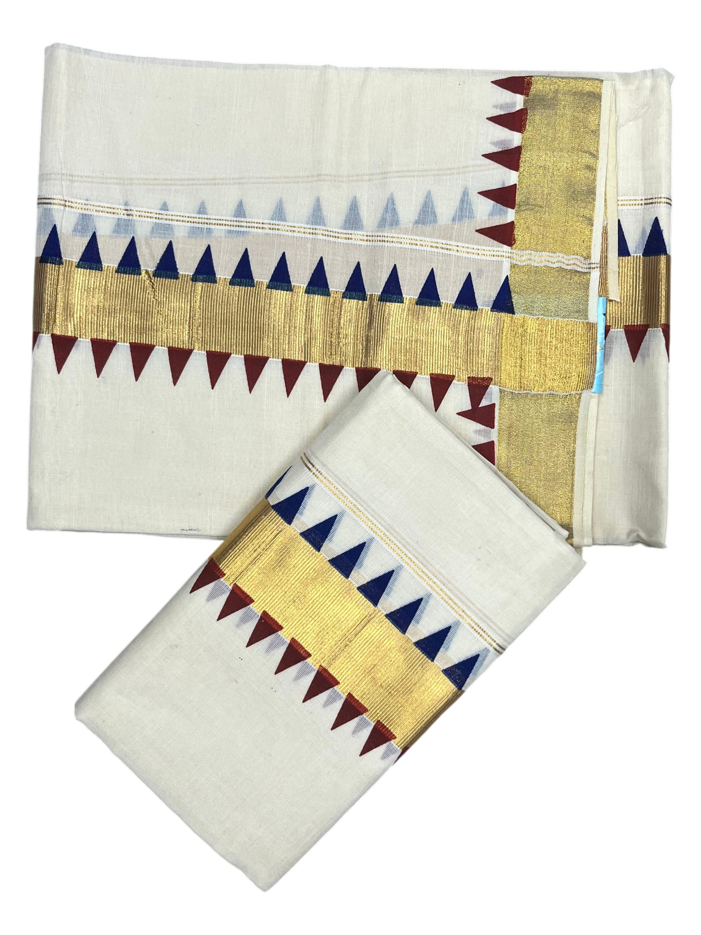 Southloom Kerala Cotton Kasavu Single Set Mundu (Mundum Neriyathum) with Maroon And Blue Temple Design Border SLKK