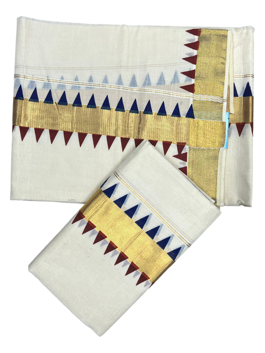 Southloom Kerala Cotton Kasavu Single Set Mundu (Mundum Neriyathum) with Maroon And Blue Temple Design Border SLKK