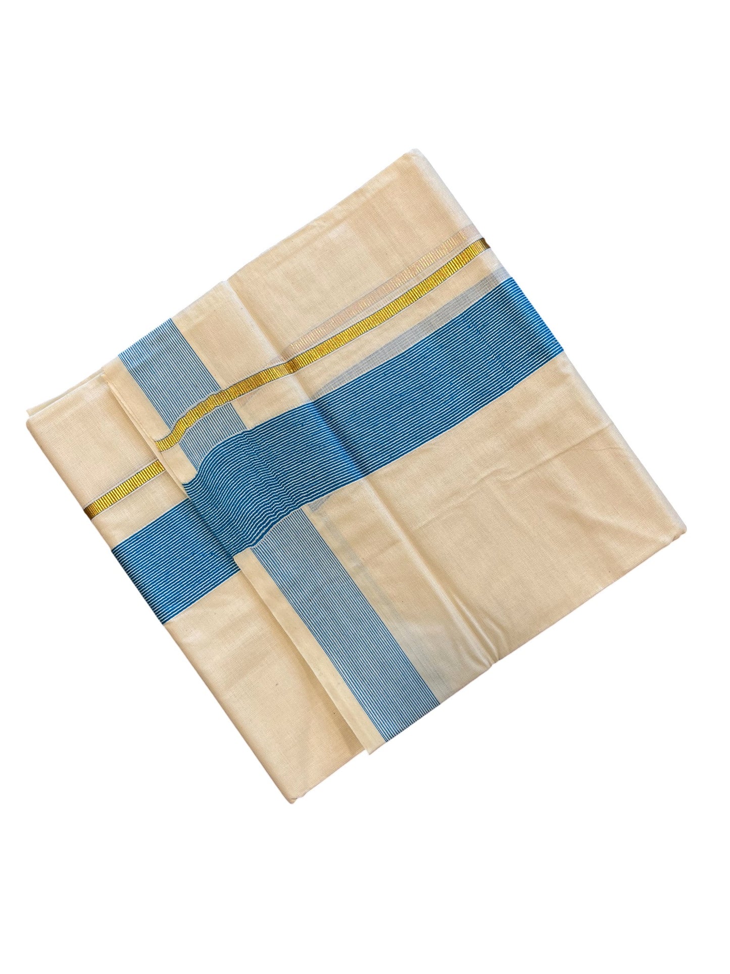 Southloom Kerala Pure Cotton Double Mundu with Gold Lines & Blue Border (South Indian Dhoti)