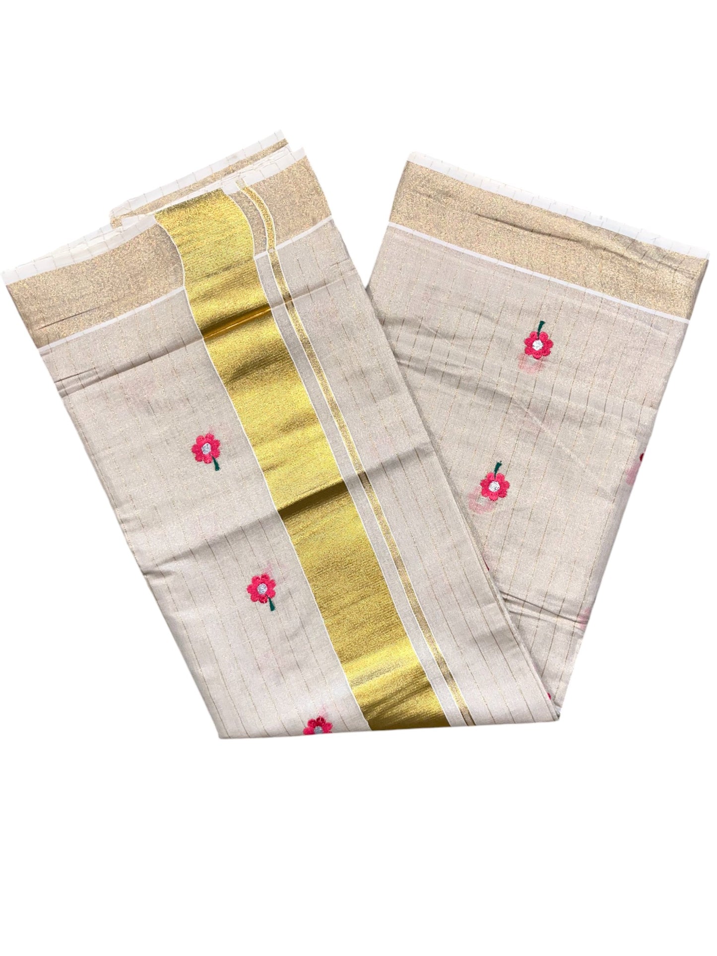 Southloom Tissue Kerala Kasavu Stripes Saree with Pink Floral Embroidery Design