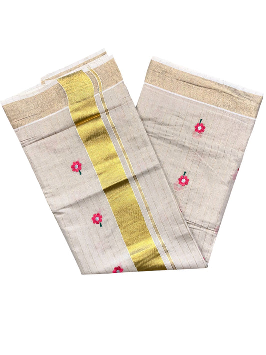 Southloom Tissue Kerala Kasavu Stripes Saree with Pink Floral Embroidery Design