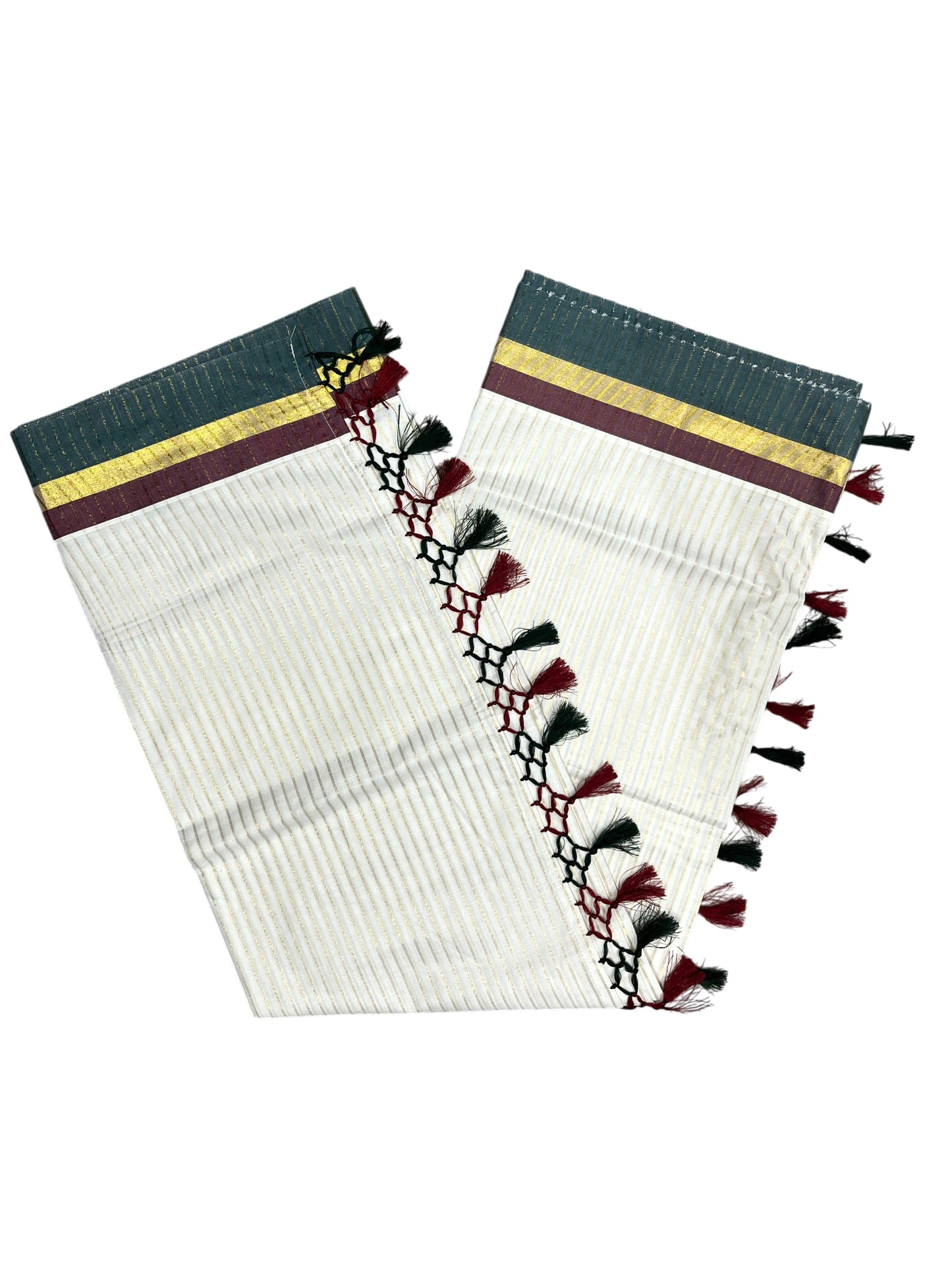 Southloom Cotton Kerala Kasavu Saree with Stripes on Body and Maroon &Green Border with Tussels (Copy)