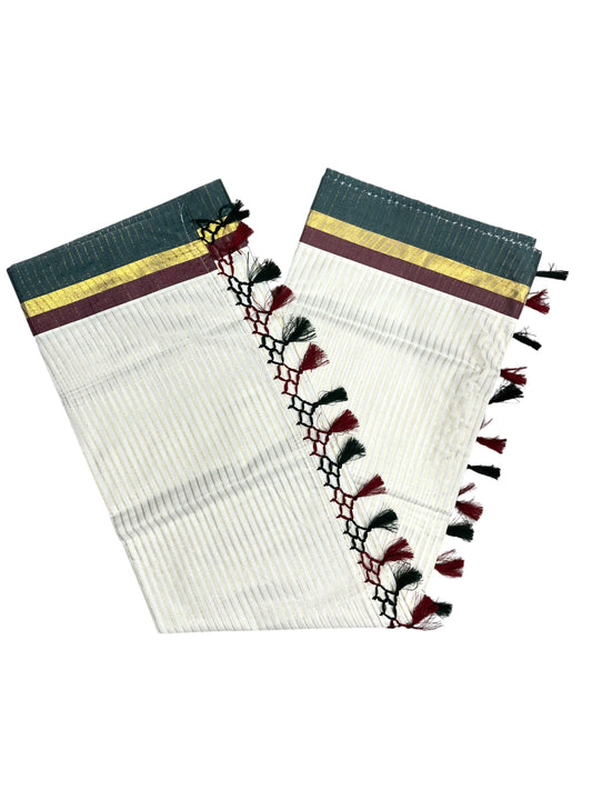 Southloom Cotton Kerala Kasavu Saree with Stripes on Body and Maroon &Green Border with Tussels (Copy)