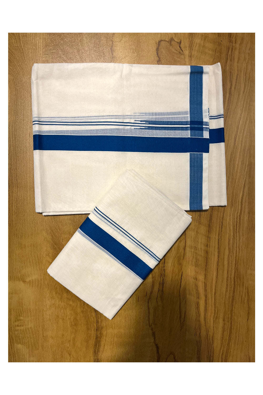 Kerala Pure Cotton Handloom Premium Mundum Neriyathum Single (Set Mundu) with 1 inch Dark Blue and Chutti Design Border