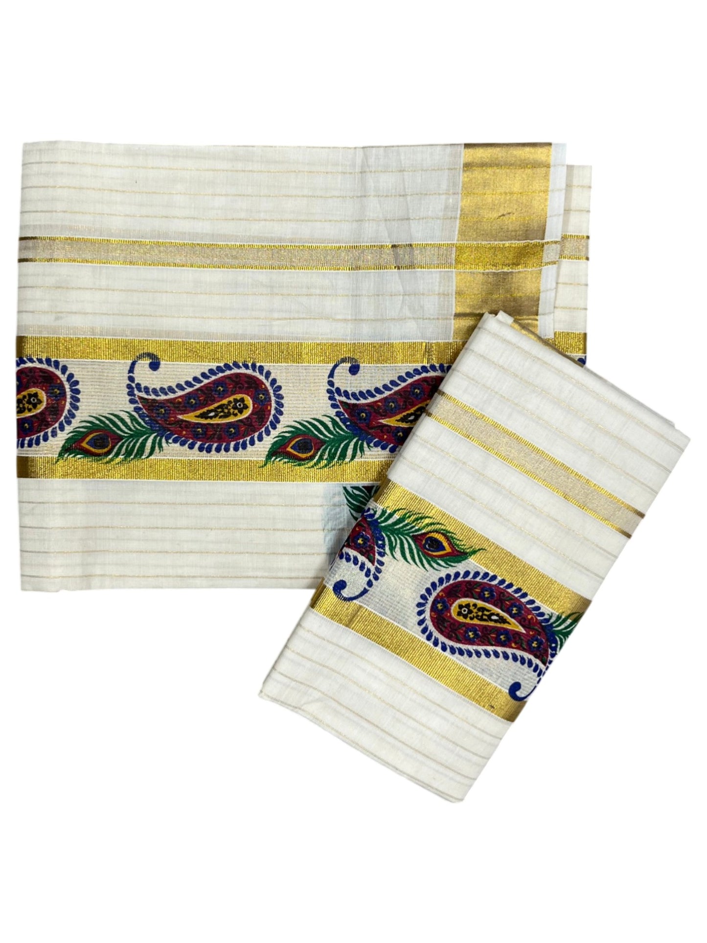 Southloom  Cotton Lines Single Set Mundu (Mundu Neriyathum) Floral Digital Print With Gold Border Kasavu in 2.80 Mtrs
