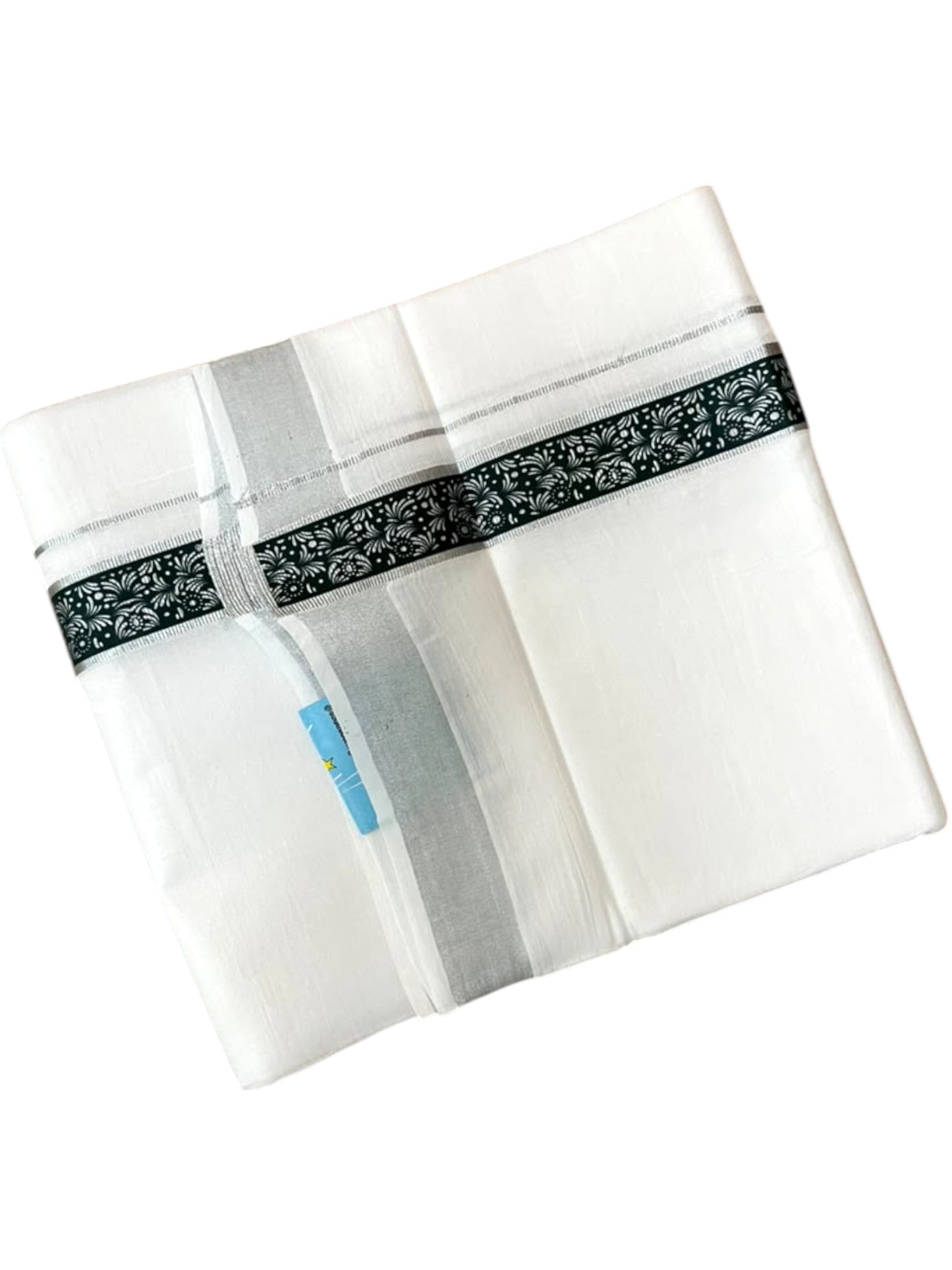 Southloom Pure White Cotton Mundu with Dark Green and Silver Kasavu Border (South Indian Kerala Dhoti)