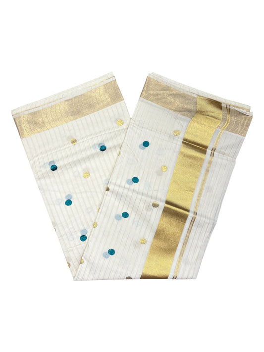 Southloom Kerala Pure Cotton Saree with Gold&Blue Polka Embroidery Works on Body