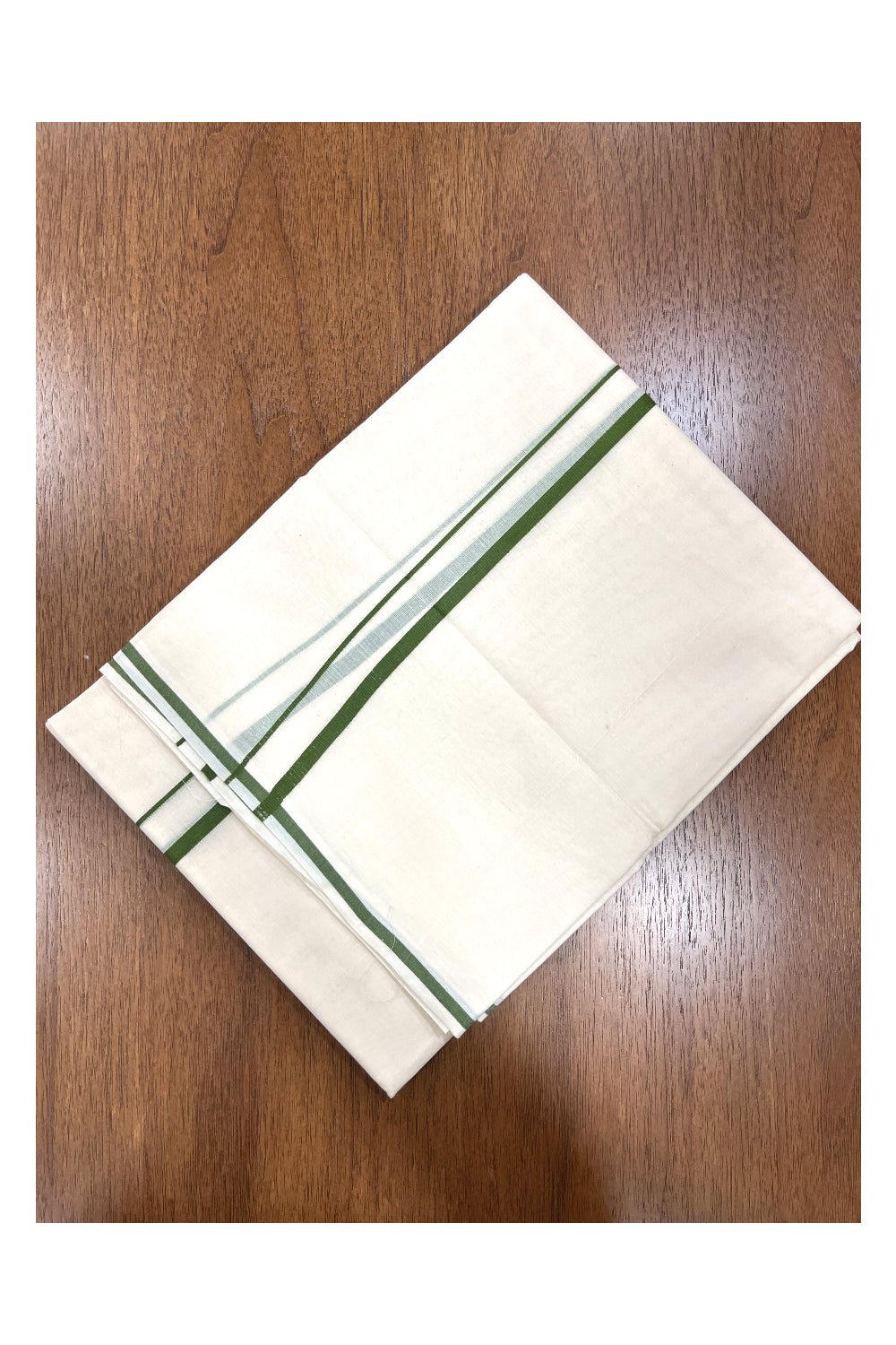 Pure Cotton Double Mundu with 0.5 inch Olive Green Border (South Indian Kerala Dhoti)