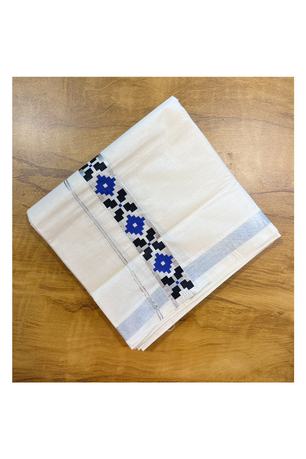 Southloom Pure Cotton Silver Kasavu Mundu with Trendy Print