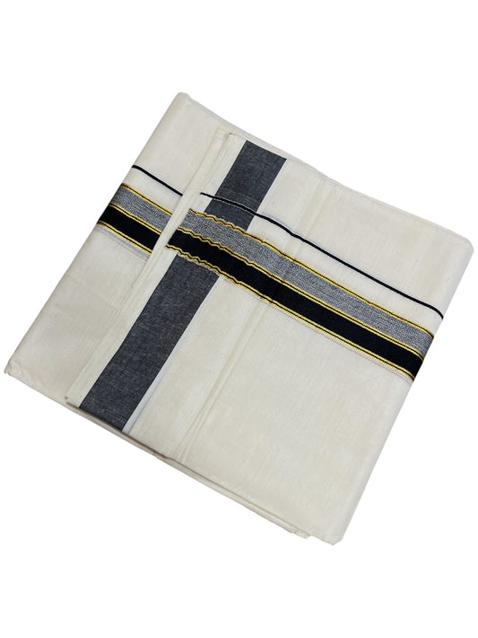 Kerala Cotton Double Mundu with Black And Golden Border (South Indian Dhoti)