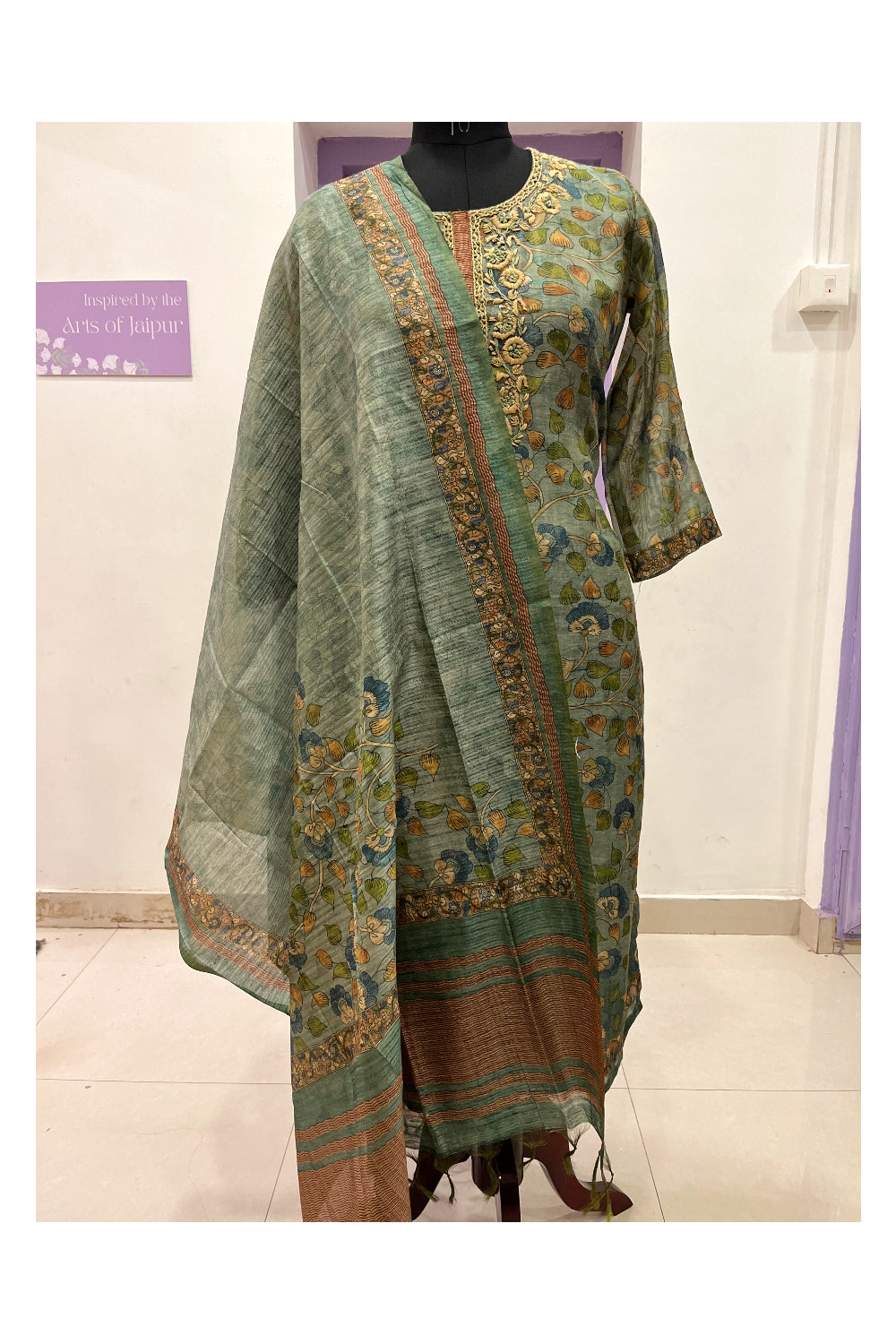 Southloom Stitched Chanderi Silk Salwar Set in Green Floral Works