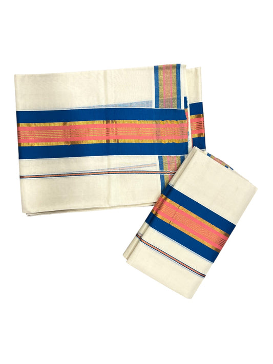 Kerala Cotton Kasavu Set Mundu (Mundum Neriyathum) with Blue and Pink Border