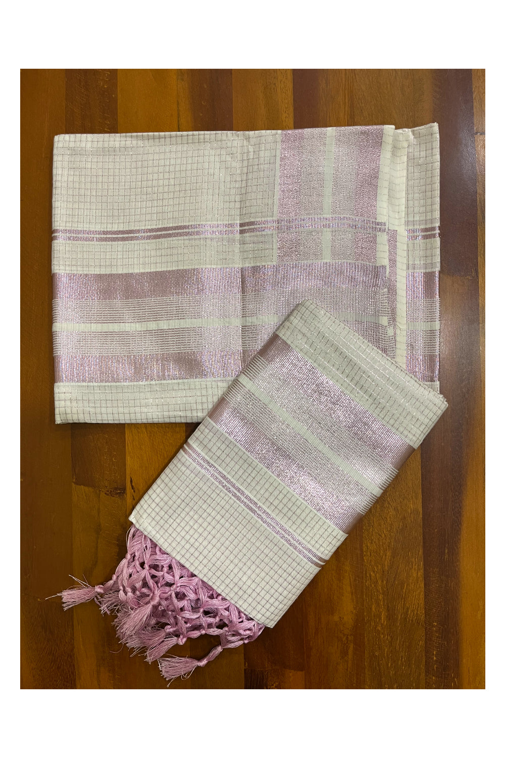 Kerala Cotton Set Mundu (Mundum Neriyathum) with Rose Copper Kasavu Checks Across Body With Tussels 2.80 Mtrs