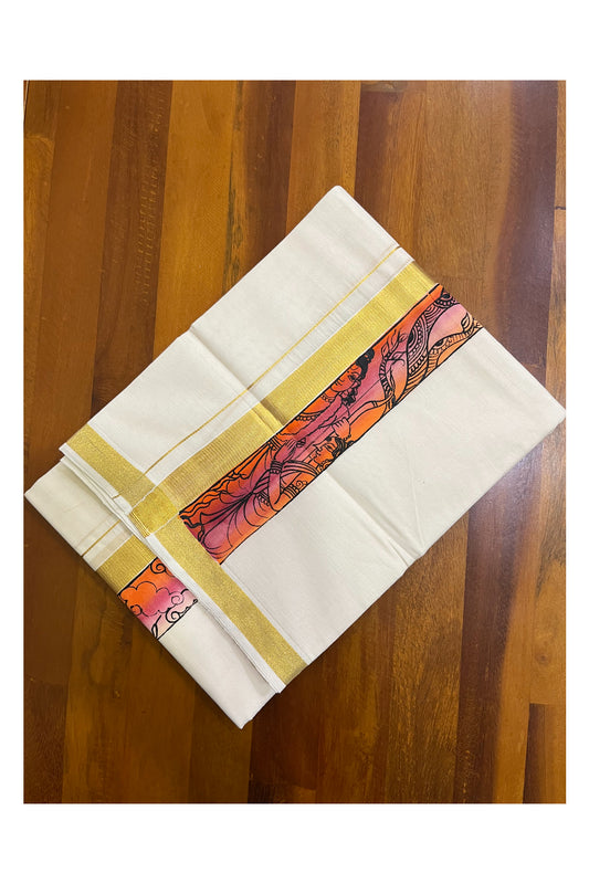 Kerala Pure Cotton Double Mundu with Mural Hand Painted Design on Kasavu Border (South Indian Kerala Dhoti)