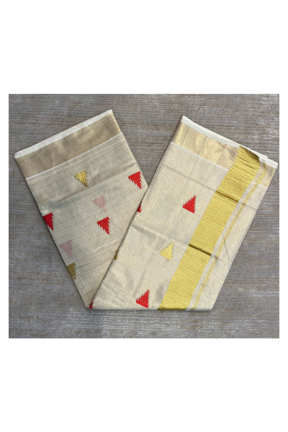 Southloom Kerala Tissue Kasavu Check Saree with Red Temple Embroidery Works