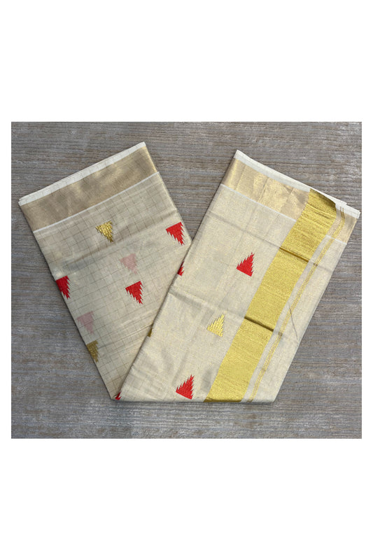 Southloom Kerala Tissue Kasavu Check Saree with Red Temple Embroidery Works
