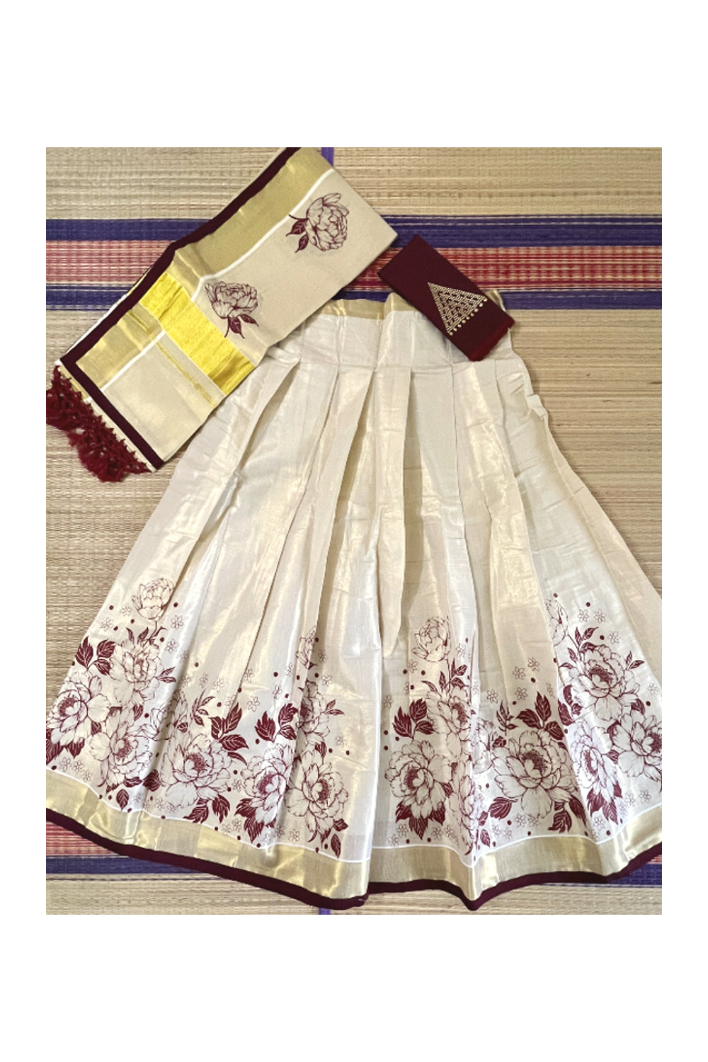 Semi Stitched Dhavani Set with Tissue Block Print Design Pavada and Maroon Bead Work Blouse Piece