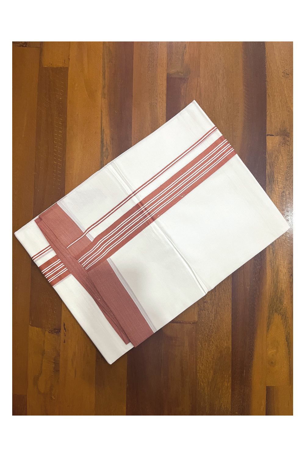 Pure White Cotton Double Mundu with Dark Orange Lines Border (South Indian Kerala Dhoti)