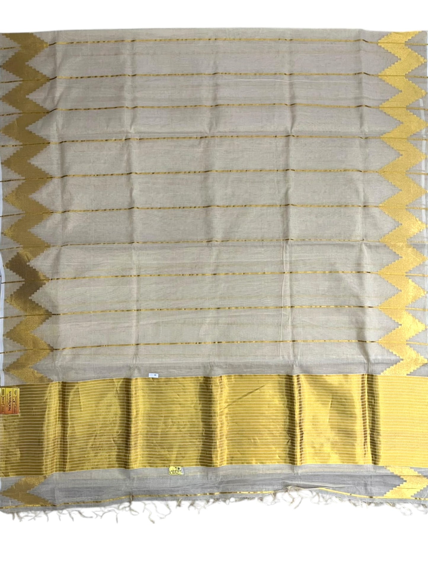 Southloom Super Premium Balaramapuram Handloom Tissue Stripes Saree with Gold Temple Kasavu on Border