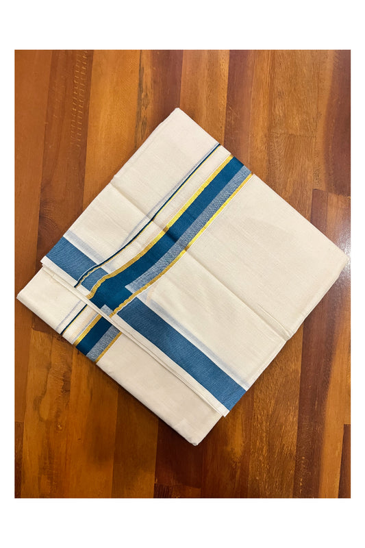 Kerala Pure Cotton Double Mundu with Teal Blue and Kasavu Border (South Indian Kerala Dhoti)