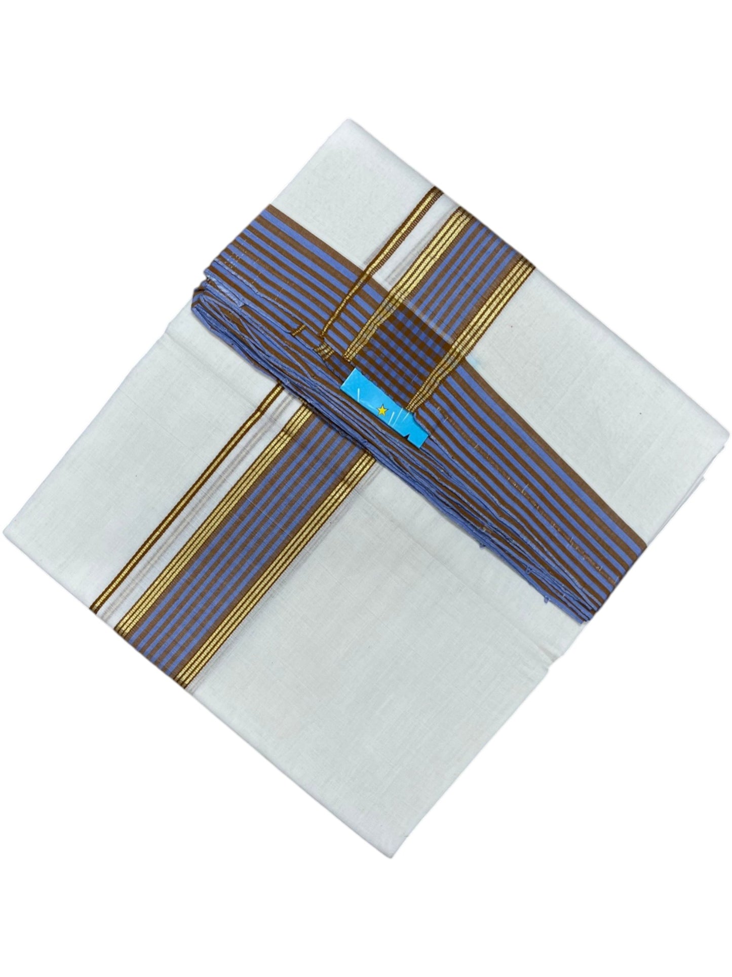 Southloom Unakkupaavu Premium Handloom Cotton Double Mundu with Gold Kasavu and Blue and Yellow Border