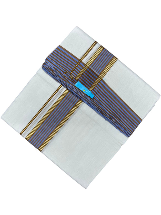 Southloom Balaramapuram Unakkupaavu Premium Handloom Cotton Double Mundu with Gold Kasavu and Blue and Yellow Border