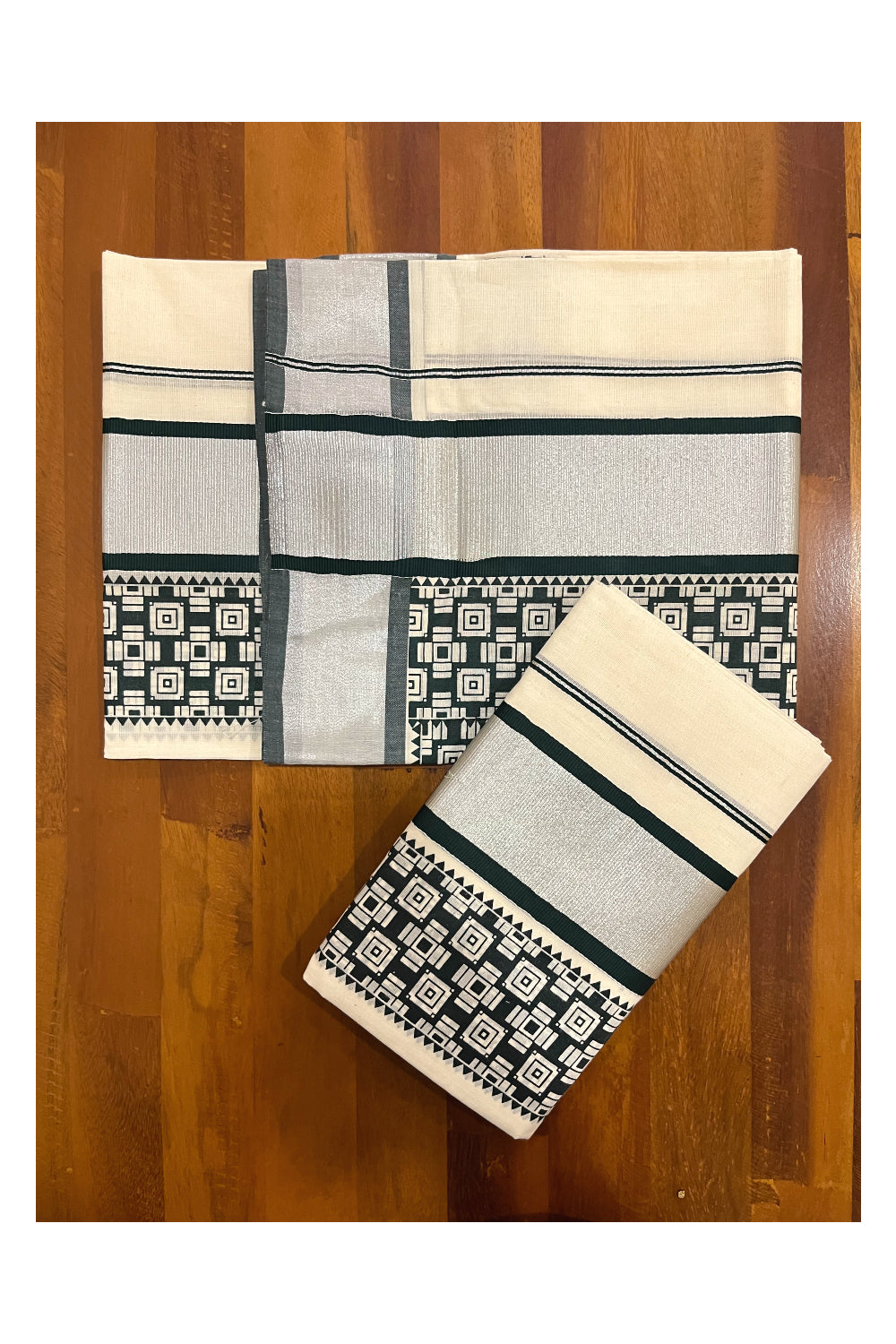 Pure Cotton Kerala Single Set Mundu (Mundum Neriyathum) with Dark Green Block Printed Silver Kasavu Border