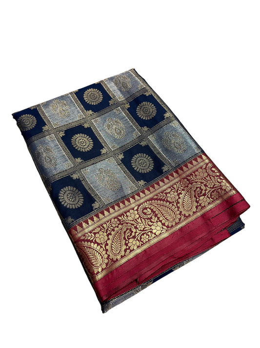 Southloom Semi Banarasi Katan Tissue Saree with Woven Work on Body and Borders (Magenta & Blue)