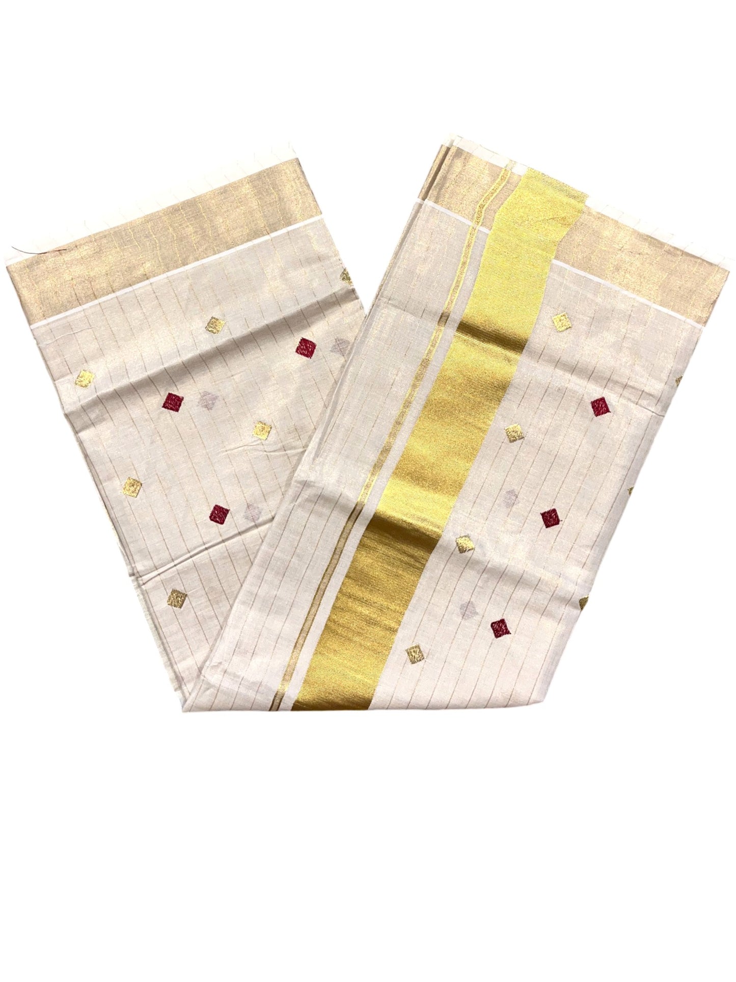 Southloom Kerala Tissue Kasavu Stripes Saree With Maroon Diagonal Embroidery on Body