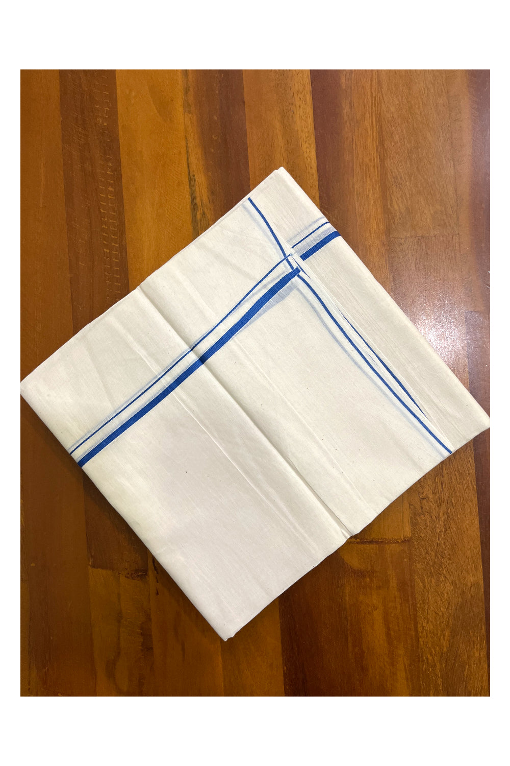 Off White Kerala Cotton Double Mundu with Blue Thin Kara (South Indian Kerala Dhoti)