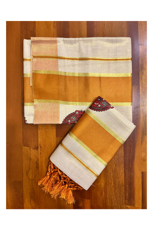 Kerala Tissue Single Set Mundu (Mundum Neriyathum) with Theyyam Block Prints and Orange Border (Vishu 2024 Collection)