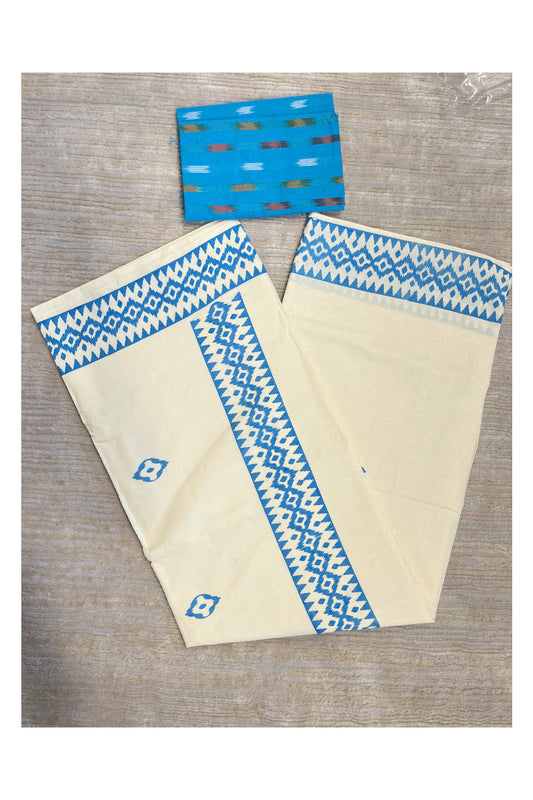 Southloom Ikat Design Blue Printed Saree with Blouse Piece