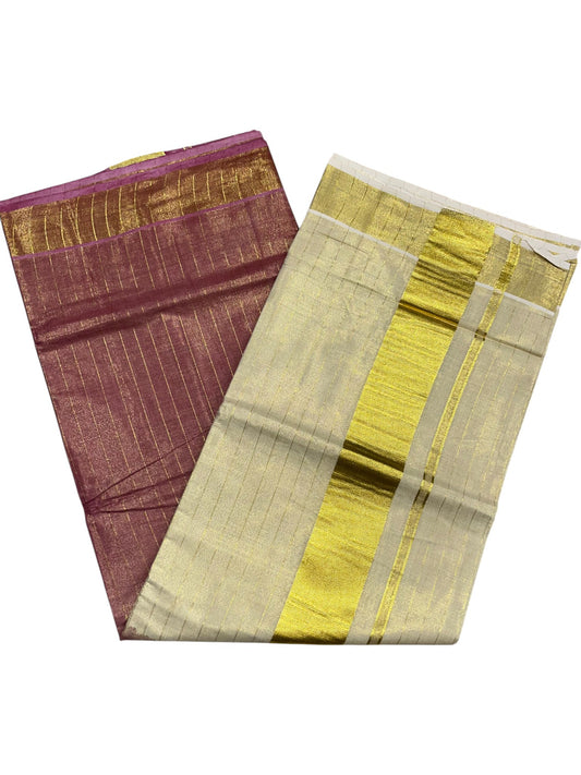Southloom Tie & Dye - Half & Half Multi Colour Magenta Design Saree with Kasavu Border & Lines On Body