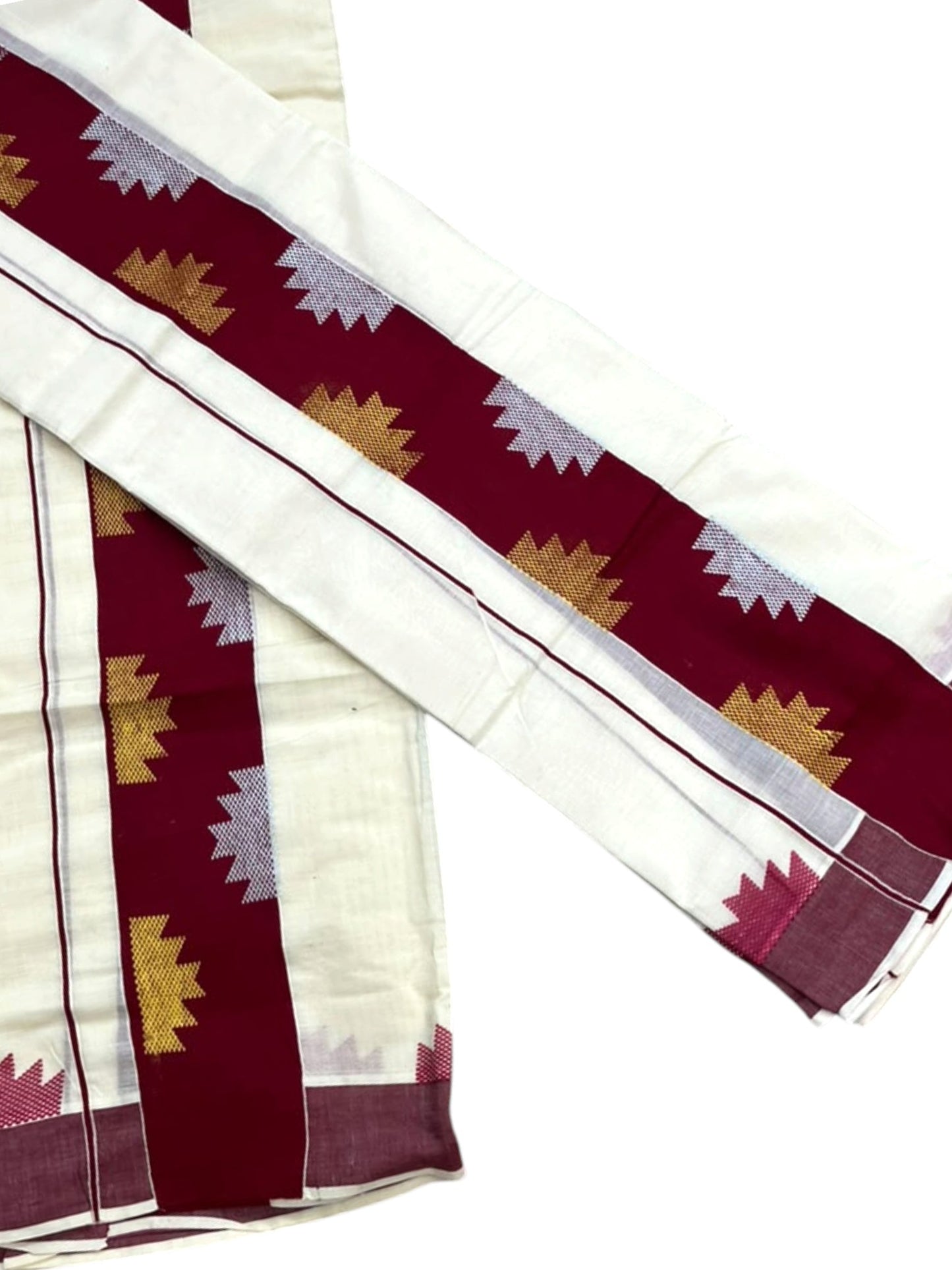 Southloom Pure Cotton Single Set Mundu (Mundum Neriyathum) Temple Design & Maroon Border