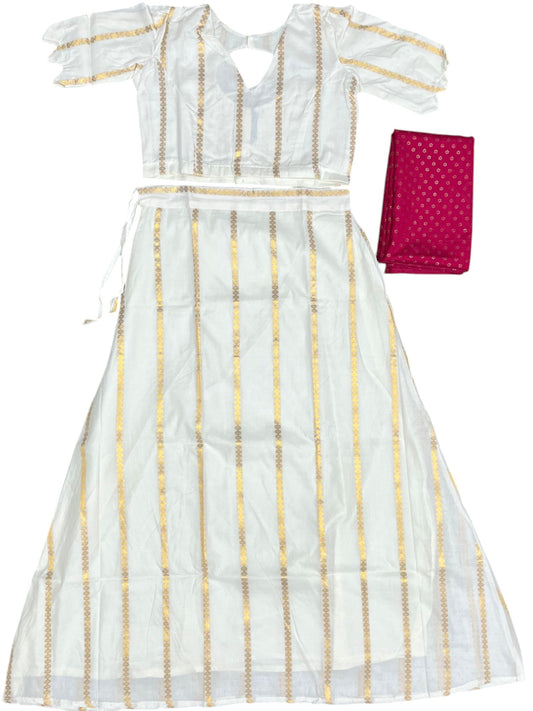 Southloom Stitched Cotton Stripes Dhavani Set with Pavada and Majenta Blouse Piece