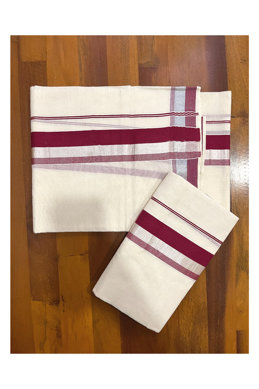 Cotton Silver Kasavu Set Mundu (Mundum Neriyathum) with Maroon and Silver Kasavu Border 2.80 Mtrs