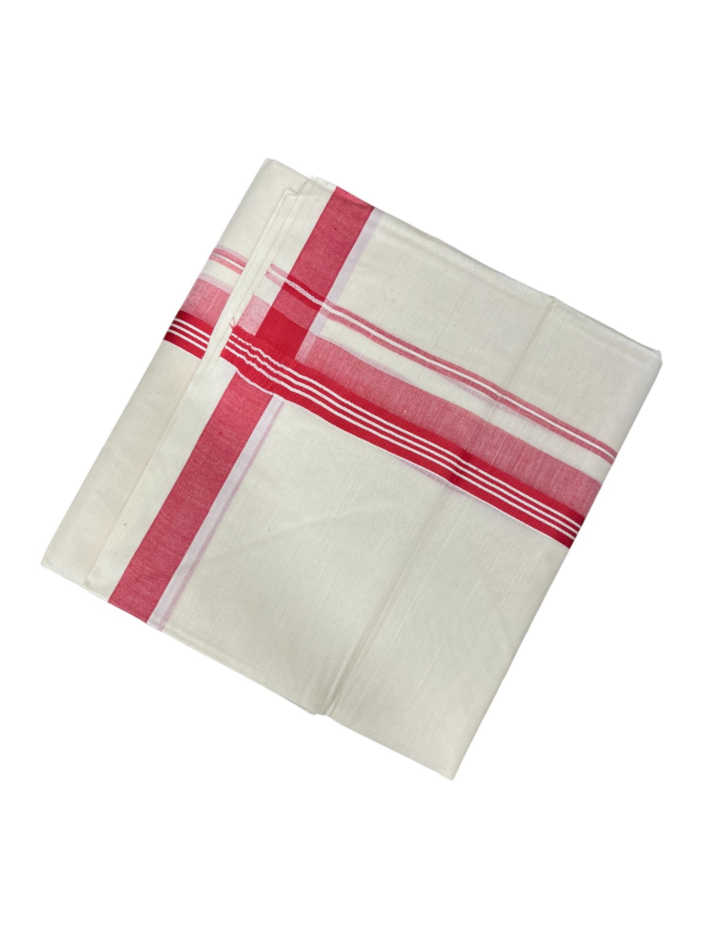 Southloom Pure Cotton  Double Mundu With White Lines & Red Border (South Indian Kerala Dhoti)