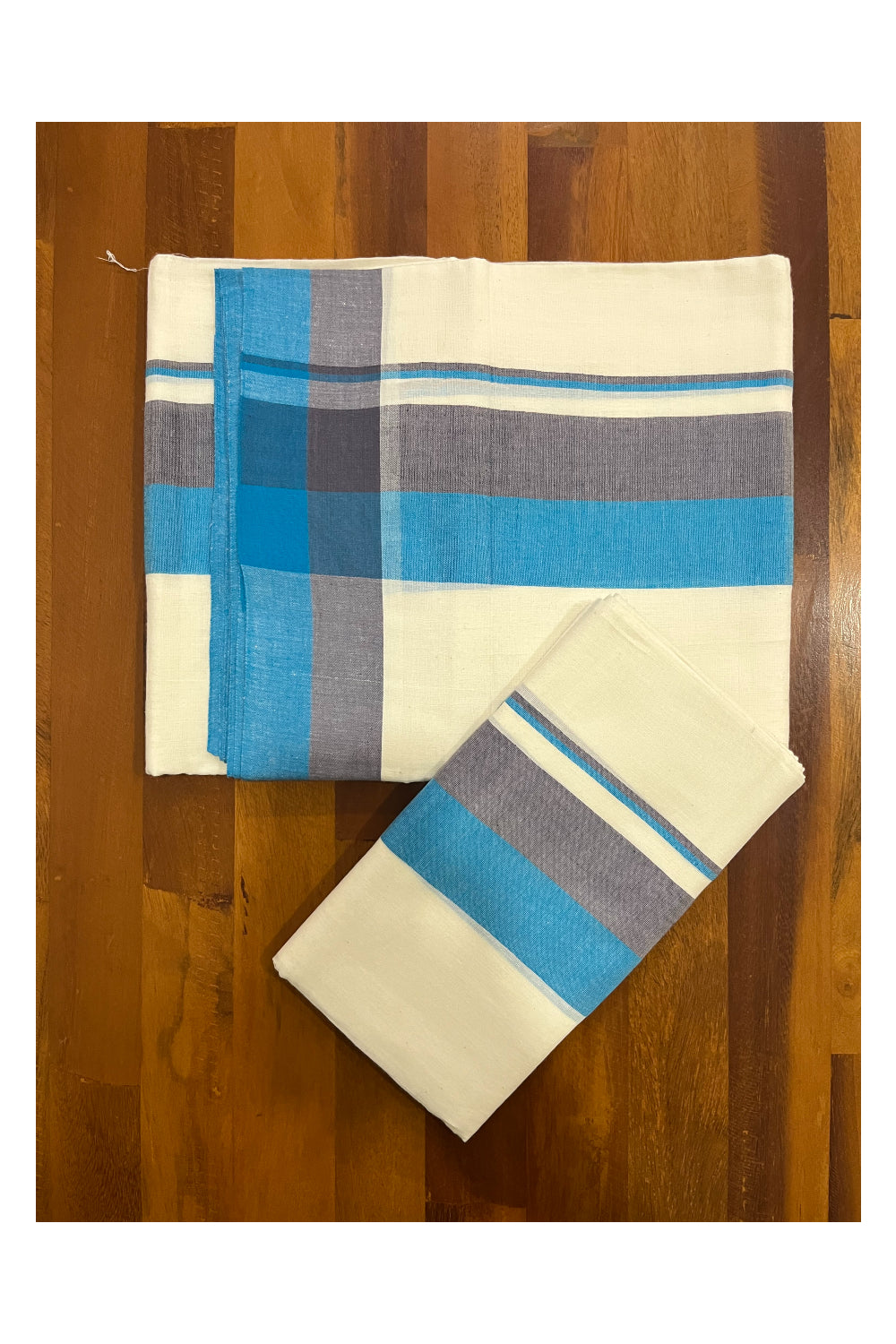 Pure Cotton Mundum Neriyathum Double (Set Mundu) with Blue and Grey Border