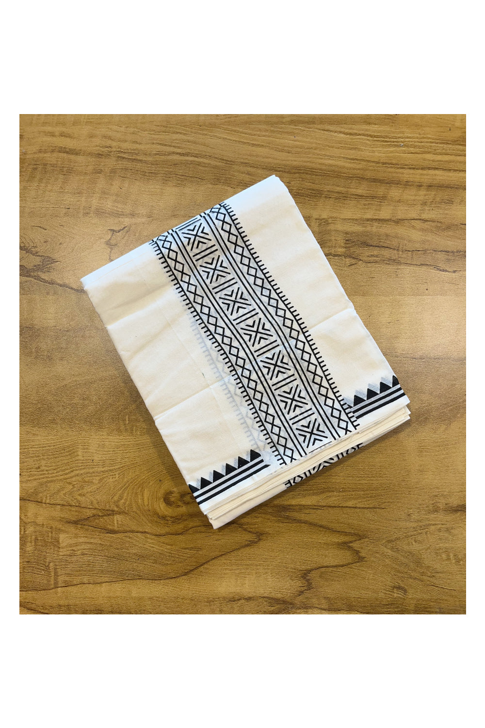 Pure Cotton Off White Double Mundu with Block Prints on Black Kara (South Indian Dhoti)