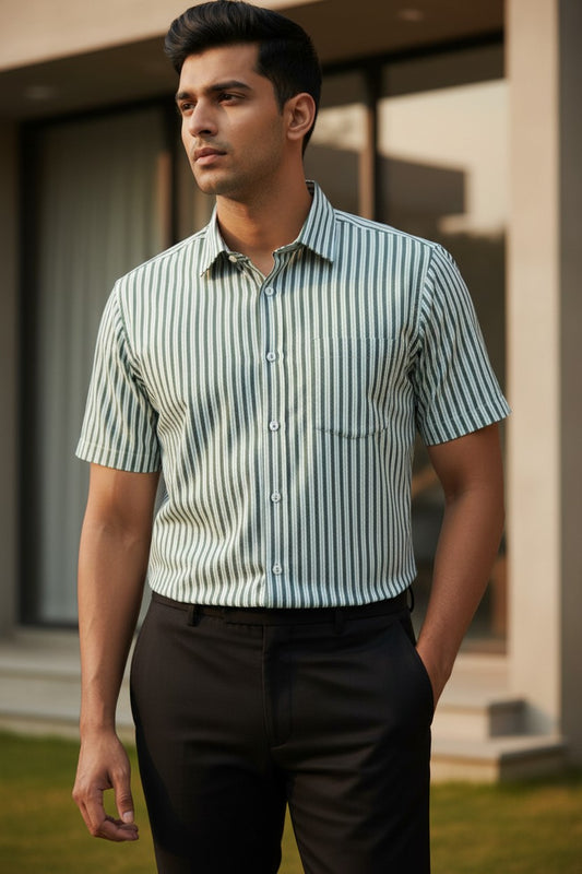 Pure Cotton White Shirt with Green Lines SLSHIRT 44 HS