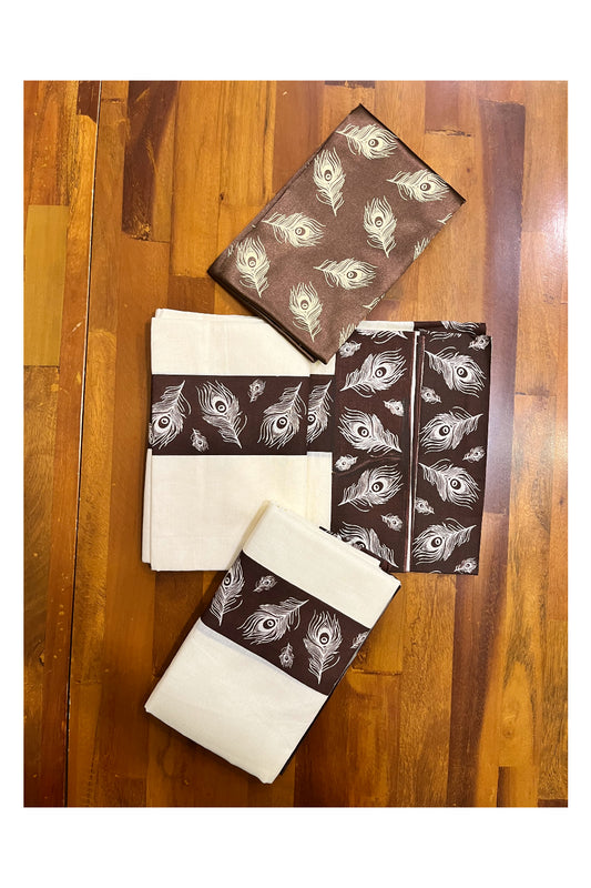 Kerala Cotton Brown Feather Prints Set Mundu (Mundum Neriyathum) with Seperate Blouse Piece