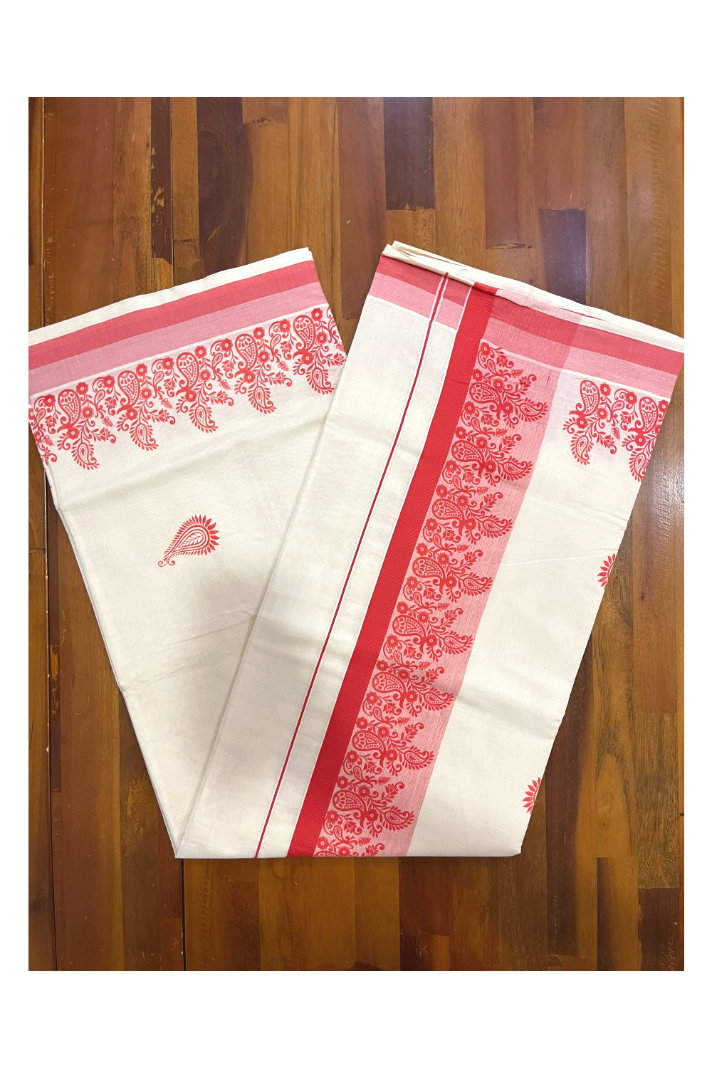 Pure Cotton Off White Kerala Saree with Orange Paisley Block Printed Border (Onam Saree 2023)