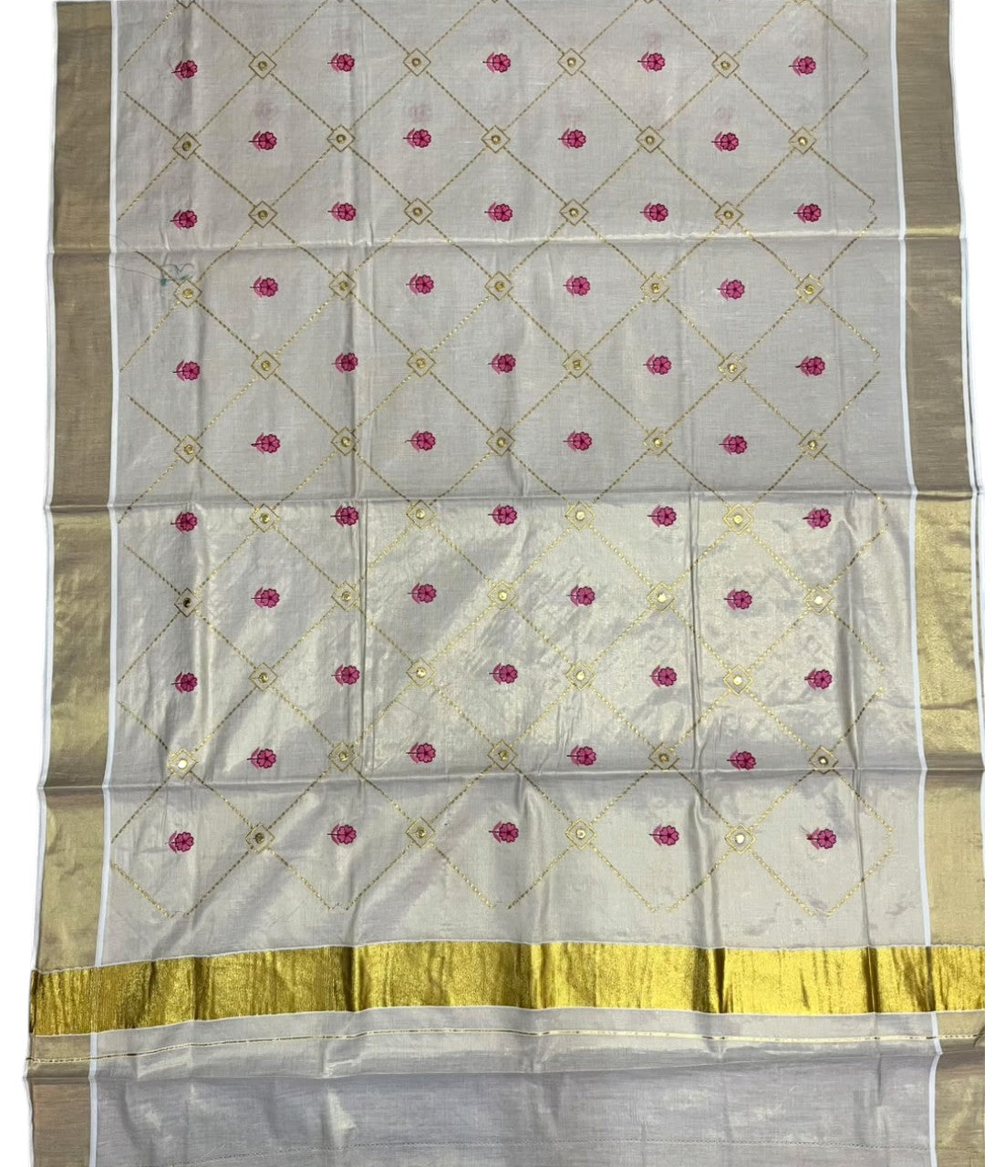 Southloom Kerala Tissue Kasavu Saree with Floral Embroidery Work on Body in Pink