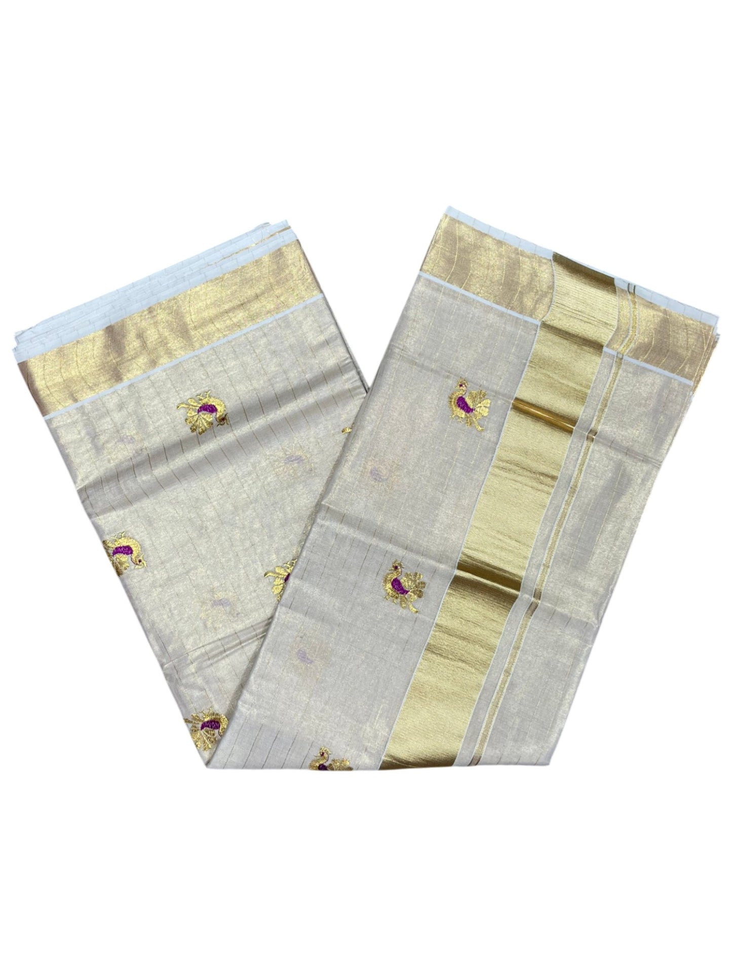 Southloom Tissue Kerala Kasavu Lines Saree with Peacock Embroidery Work on Body in Magenta