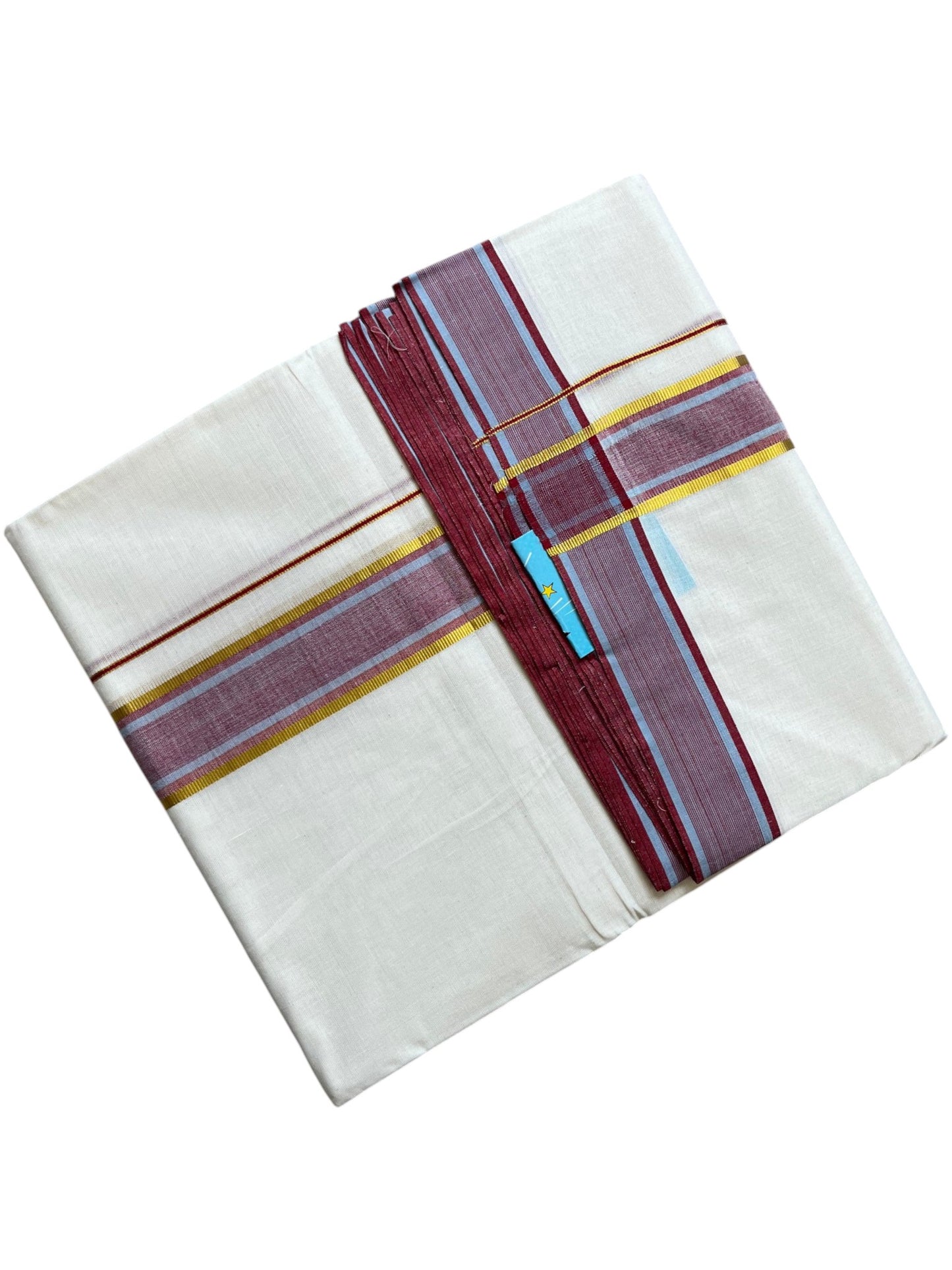 Southloom Pure Cotton Mundu with Golden Lines and Maroon Border (South Indian Kerala Dhoti)
