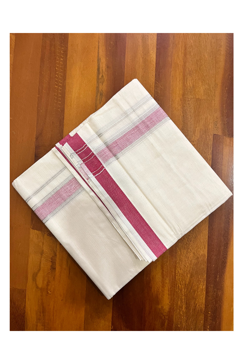 Pure Cotton Kerala Double Mundu with Silver Kasavu and Maroon Border (South Indian Kerala Dhoti)