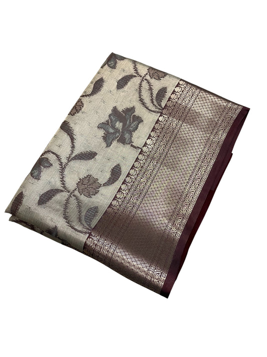 Southloom Tissue Silk Saree with Woven Work on Body and Borders (Grey & Maroon)