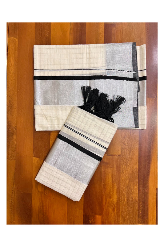 Kerala Pure Cotton Set Mundu Single (Mundum Neriyathum) with Silver Kasavu Woven Check Design on Body and Black Border-2.80Mtrs (Vishu 2024 Collection)