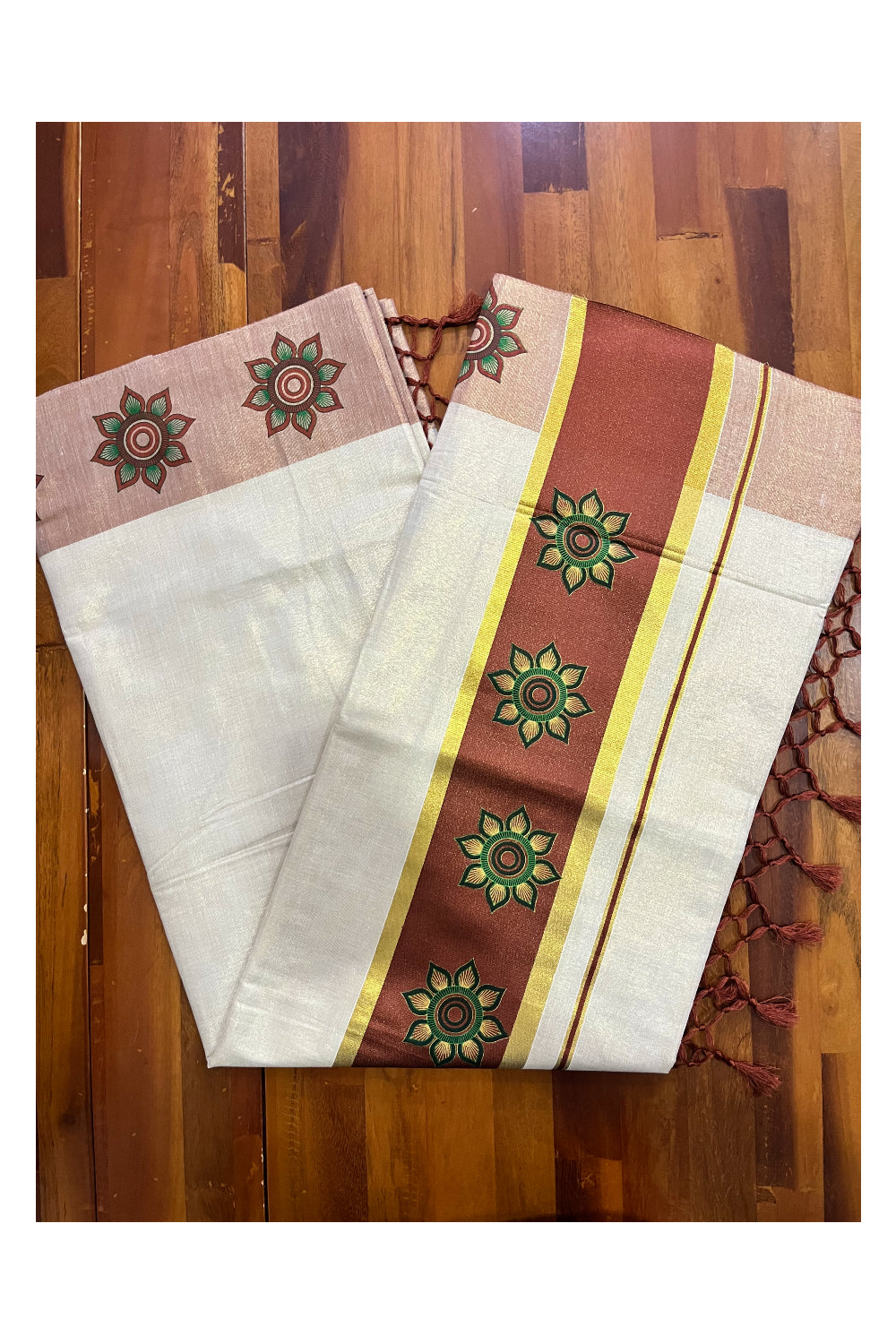 Kerala Tissue Kasavu Saree with Floral Block Prints in Brown Border (Onam 2024 Collection)