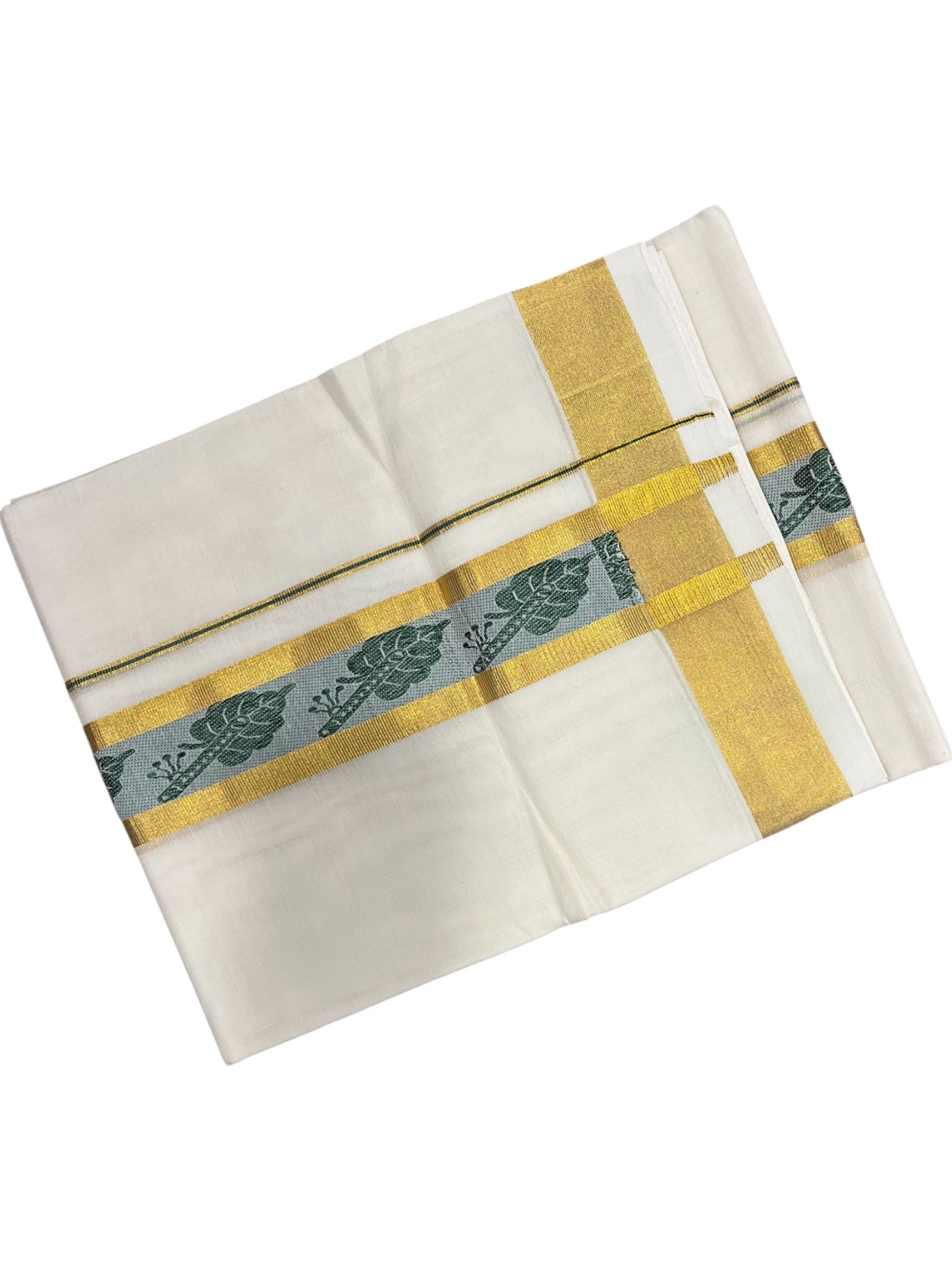 Southloom Premium Handloom Cotton Double Mundu with Gold And Green Woven Work Kasavu Border